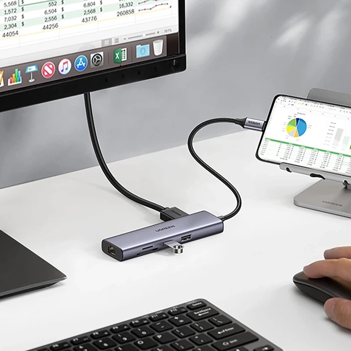 Adapter Hub UGREEN, USB-C to 2x USB 3.0, HDMI, RJ45, SD/TF