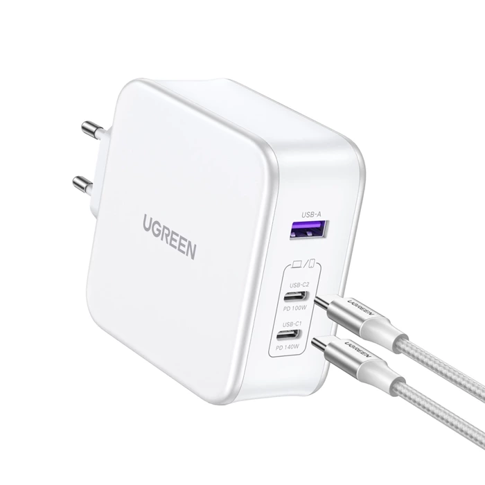 Charger gaN Ugreen Nexode CD289 USB-A/2xUSB-C 140W network cable + cable USB-C - USB-C 1.5m - white