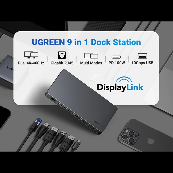 UGREEN CM615 USB-C HUB Adapter to 2x USB-A, 1x USB-C 3.1, 2x HDMI, 2x DP, SD/TF, RJ45