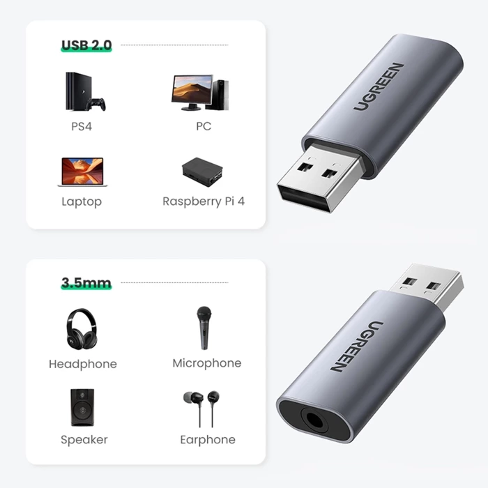 UGREEN USB to Minijack 3.5mm Audio CM383 AUX Adapter Gray