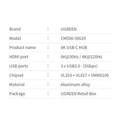 Ugreen 4in1 Multifunktions-HUB USB Typ C - 3x USB 3.2 Gen 1 / HDMI 2.1 8K 30Hz grau (50629 CM500)