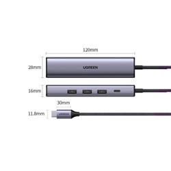 Ugreen Multifunktionsadapter HUB USB Typ C - 3 x USB / Ethernet RJ-45 / USB Typ C PD grau (CM475)