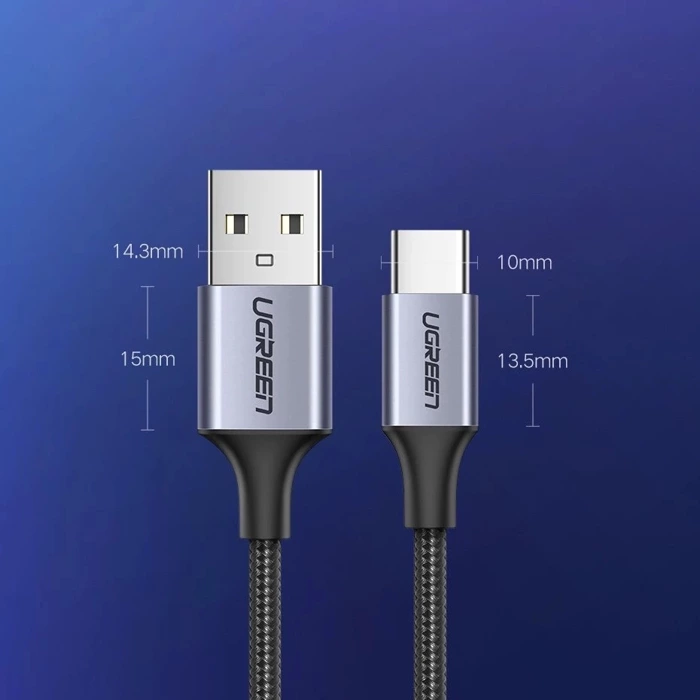 Vernickeltes USB-C QC3.0 UGREEN Kabel 0,25m mit Aluminiumstecker schwarz