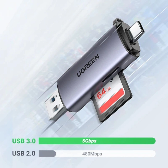 Ugreen CM185 50706 reader for SD / micro SD cards on USB-A 3.0 / USB-C 3.0 - gray