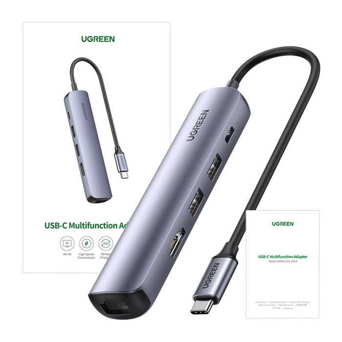 Hub / Adapter Ugreen Revodok CM418 USB-C do 2x USB, HDMI 4K 30 Hz, RJ45 1Gbps, PD 100W (szary)