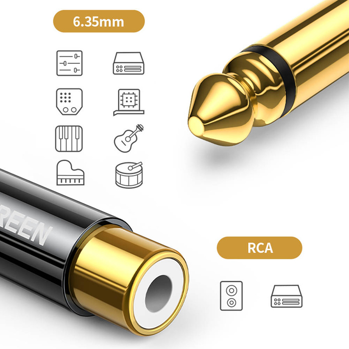 Ugreen przejściówka adapter jack 6,35 mm (męski) na RCA (żeński) złoty (AV169 80731)