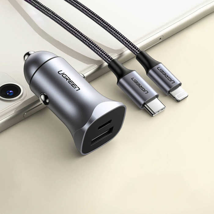 Ugreen szybka ładowarka samochodowa USB-A / USB-C 18W szara (CD130)