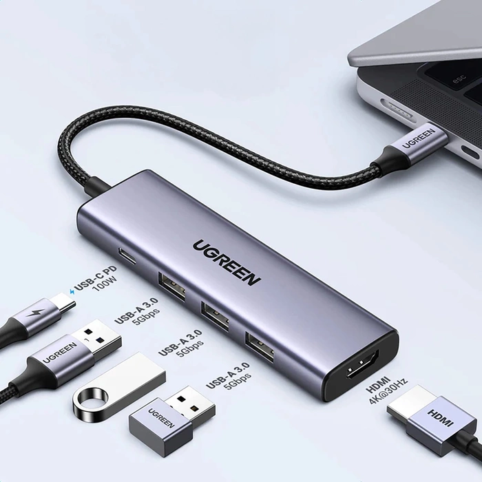 Hub USB-C Ugreen CM511, HDMI 4K 60Hz, 3x USB 3.0 5Gbps, PD 100W (srebrny)