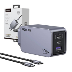 Ładowarka sieciowa Ugreen Nexode Pro 100W, GaN, USB + 2x USB-C (szara)