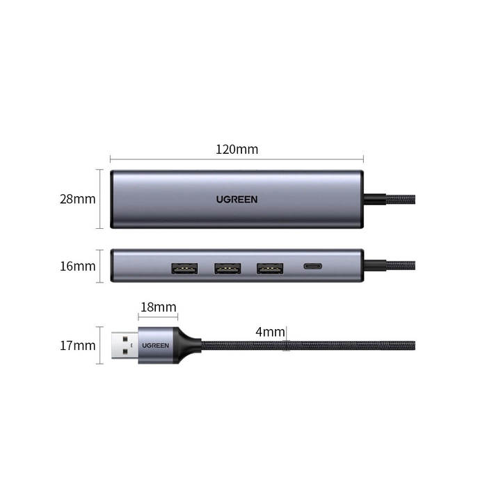 Ugreen wielofunkcyjny adapter HUB USB 3.0 - 3 x USB / Ethernet RJ-45 / USB Typ C PD szary (CM475)