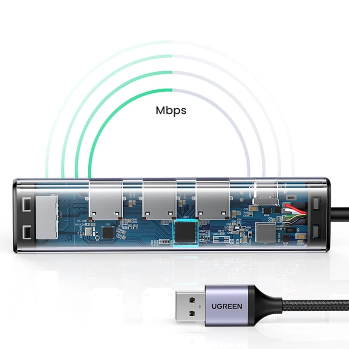 Ugreen wielofunkcyjny adapter HUB USB 3.0 - 3 x USB / Ethernet RJ-45 / USB Typ C PD szary (CM475)