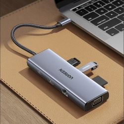 Hub USB-C Ugreen CM498, 3x USB 3.0, HDMI 4k 30Hz, VGA, RJ45, SD/TF, PD 100W (szary)