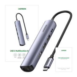 Hub / Adapter Ugreen Revodok CM418 USB-C do 2x USB, HDMI 4K 30 Hz, RJ45 1Gbps, PD 100W (szary)