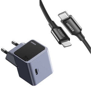 Ładowarka sieciowa US316 Ugreen Nexode Air 30W, USB-C (szara) + Kabel Ugreen USB Typ C - Lightning MFI 1m 3A 18W