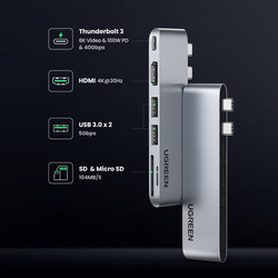 HUB Ugreen CM380 2xUSB C - HDMI/2xUSB 3.0/SDTF/USB C PD - szary