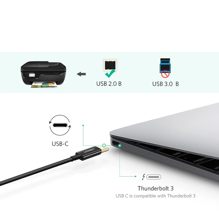 Kabel USB-C 2.0 do USB-B UGREEN US241 do drukarki, 1m (czarny)