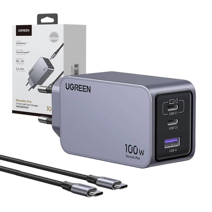 Ładowarka sieciowa Ugreen Nexode Pro 100W, GaN, USB + 2x USB-C (szara)