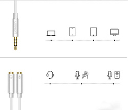 Ugreen kabel przewód rozdzielacz słuchawkowy 3,5 mm mini jack AUX mikrofon 20cm (mikrofon + wyjście stereo) srebrny (30619)