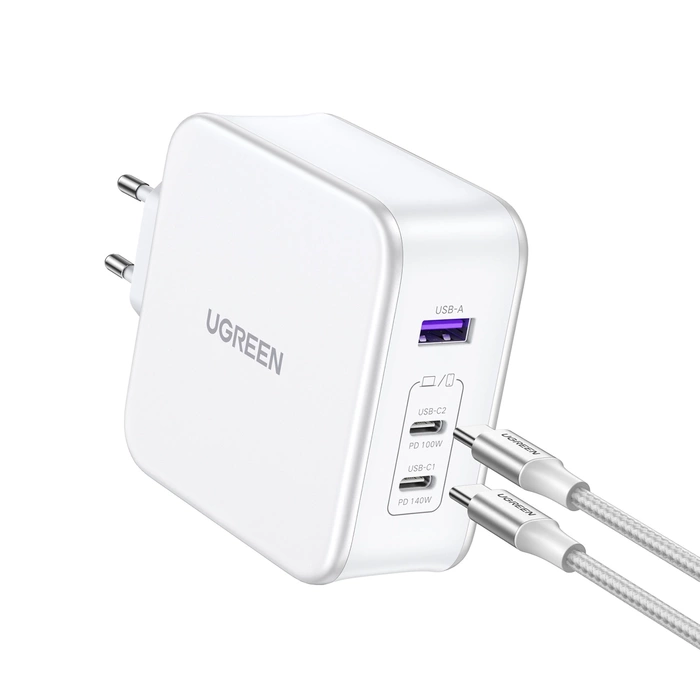 Charger gaN Ugreen Nexode CD289 USB-A/2xUSB-C 140W network cable + cable USB-C - USB-C 1.5m - white