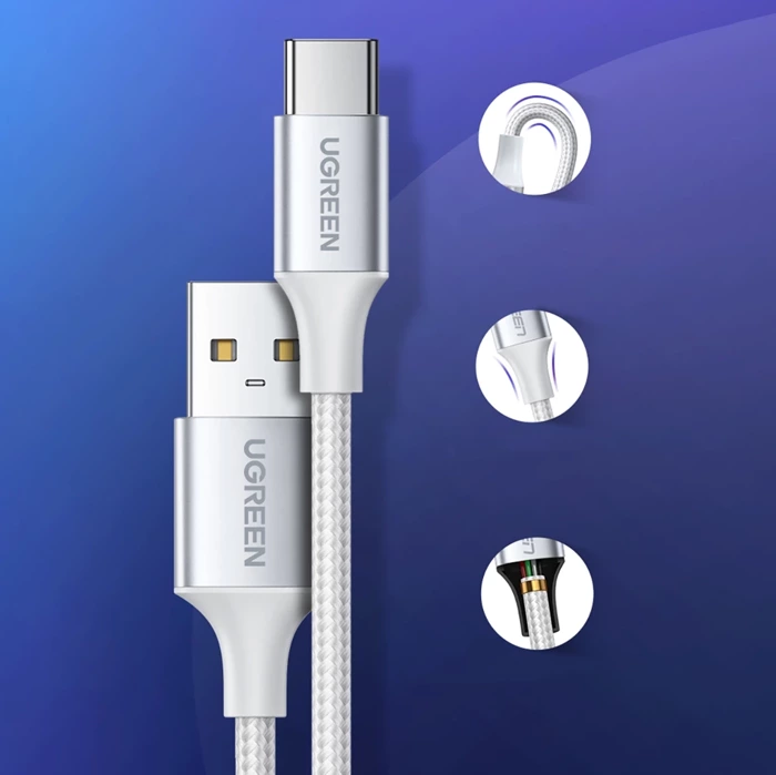 Kabel UGREEN USB-A USB-C QuickCharge 3.0 Z Aluminiową Wtyczką Niklowany 2m Biały