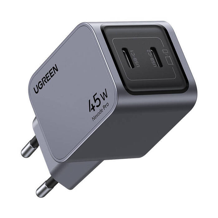 Ładowarka sieciowa Ugreen Nexode Pro 45W, 2x USB-C (szara) + Kabel Ugreen USB Typ C - Lightning MFI 1m 3A 18W