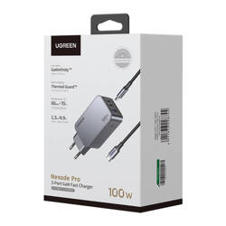 Ładowarka sieciowa Ugreen Nexode Pro 100W, GaN, USB + 2x USB-C (szara)