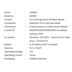 Ugreen optyczna mysz bezprzewodowa USB 2.4GHz / Bluetooth 5.0 4000 DPI czarny (MU006)